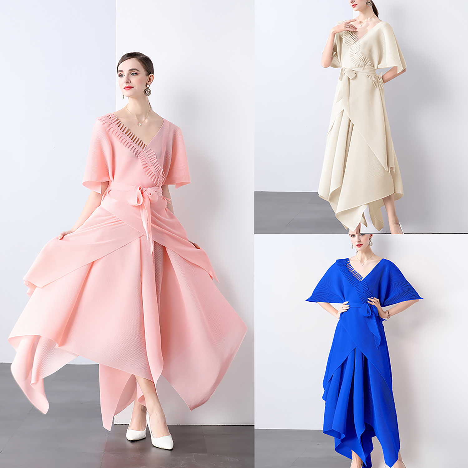 Miyake Foreign Trade Design Jacket Strap Fashion Loose Nail Bead tassel Irregular Wrinkle Solid Color V-neck Set