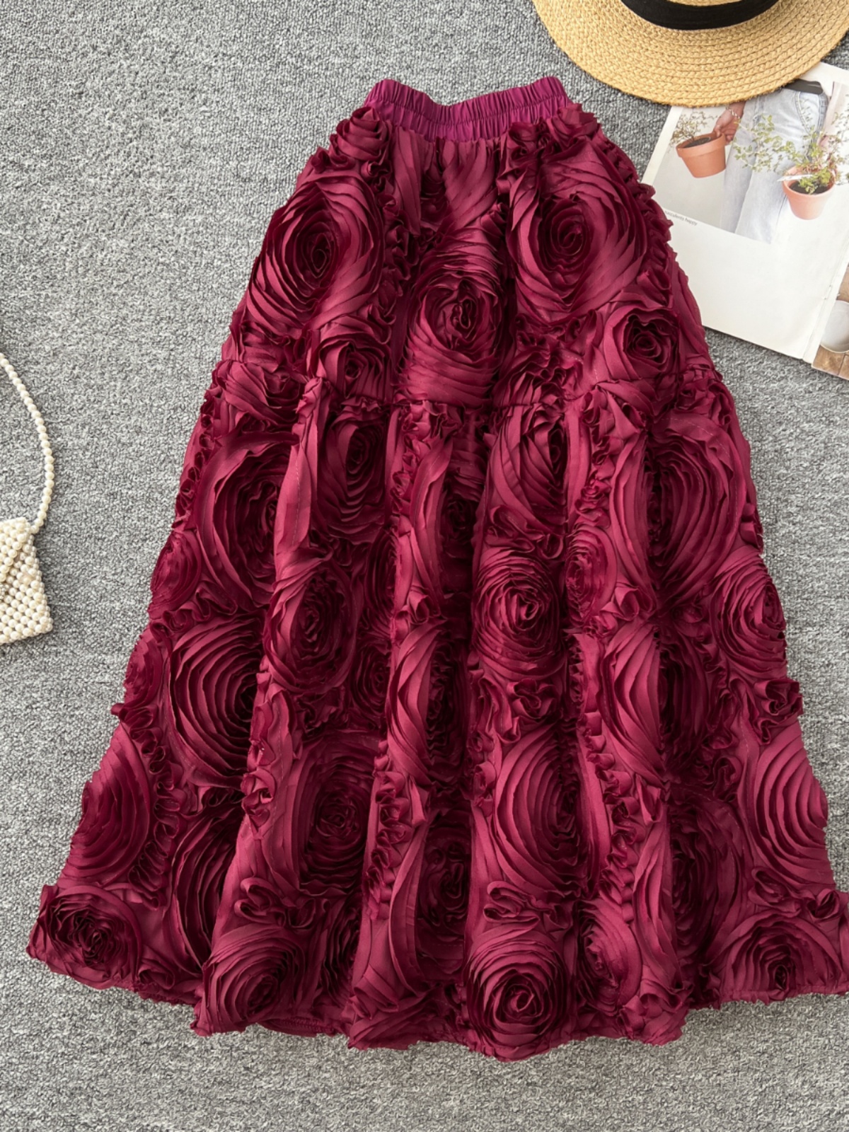 French style small fragrance high-end three-dimensional flower skirt for women's spring wear, high waist slimming A-line skirt, medium long umbrella skirt