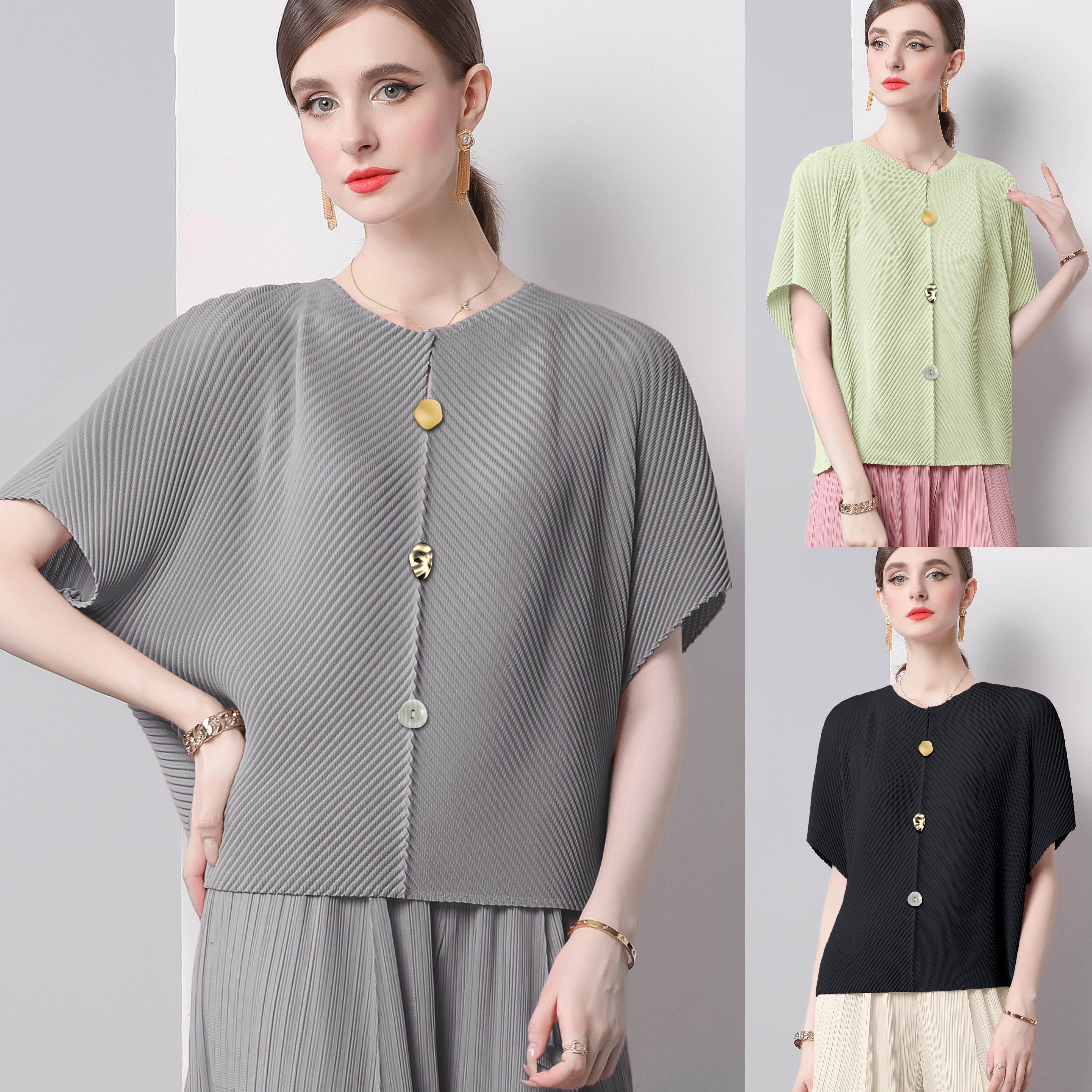 Miyake high-end button decoration dragon scale pleated top versatile loose slimming short sleeved T-shirt women's summer new style