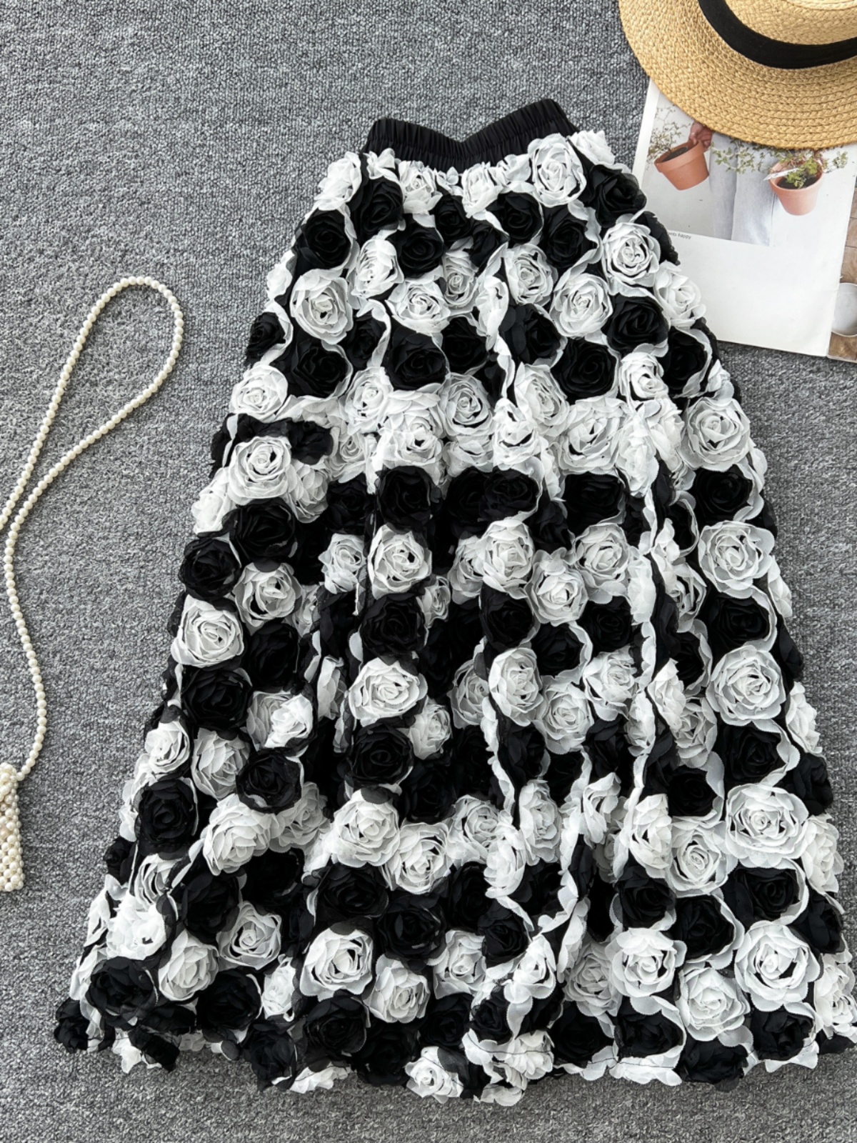 French retro elegant three-dimensional rose flower skirt for women's spring wear, high waist slimming A-line fluffy fairy skirt