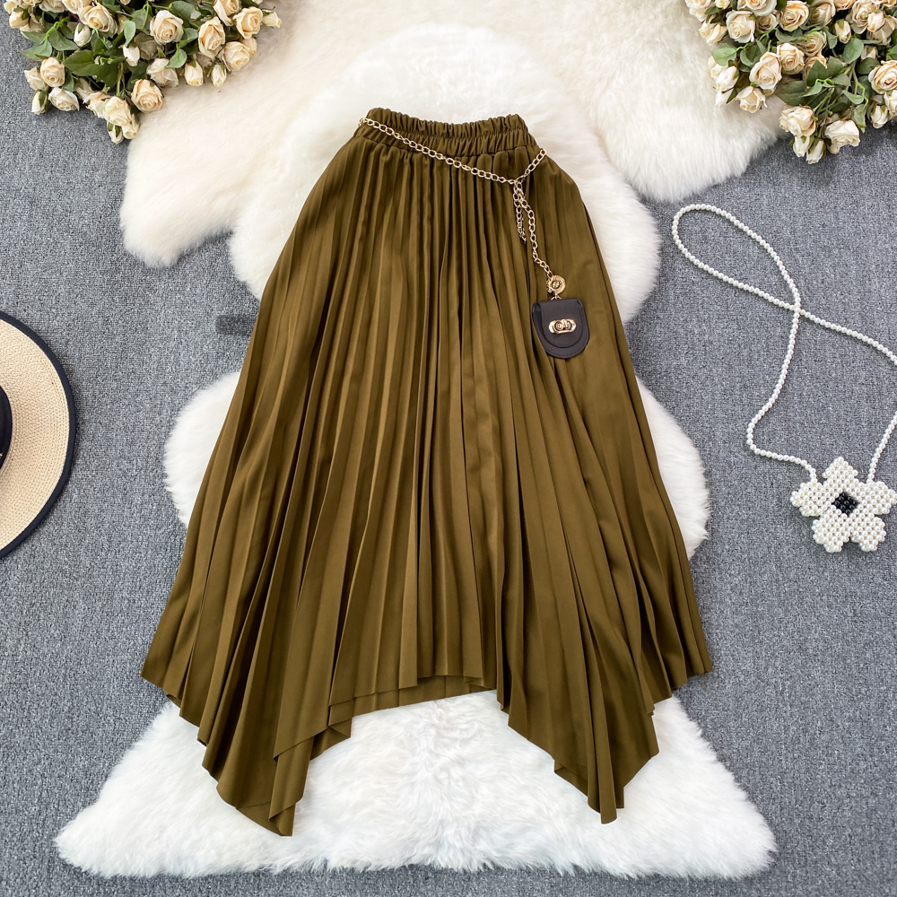 Autumn and winter new Korean version elastic high waisted pleated skirt, showing a slimming and sagging feeling. Mid length irregular A-line skirt over the knee
