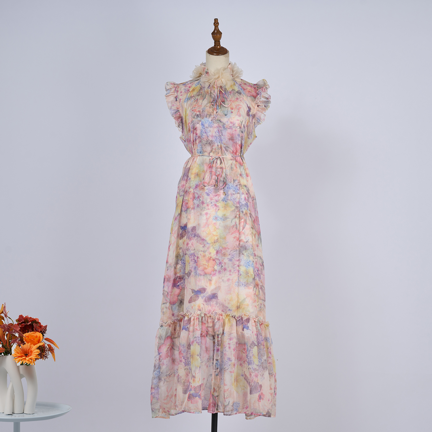 Real time stock of 2025 new item, 5-color ruffle edge decoration sleeveless dress