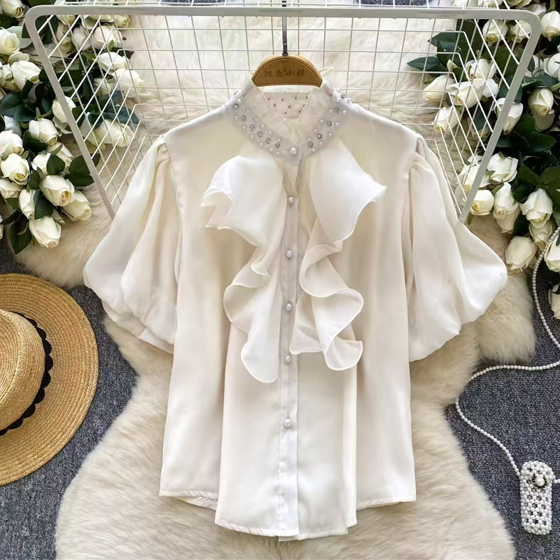 French fashion brand high-end versatile diamond studded nail bead stand up collar bubble sleeve shirt flowing top western-style clothes for women