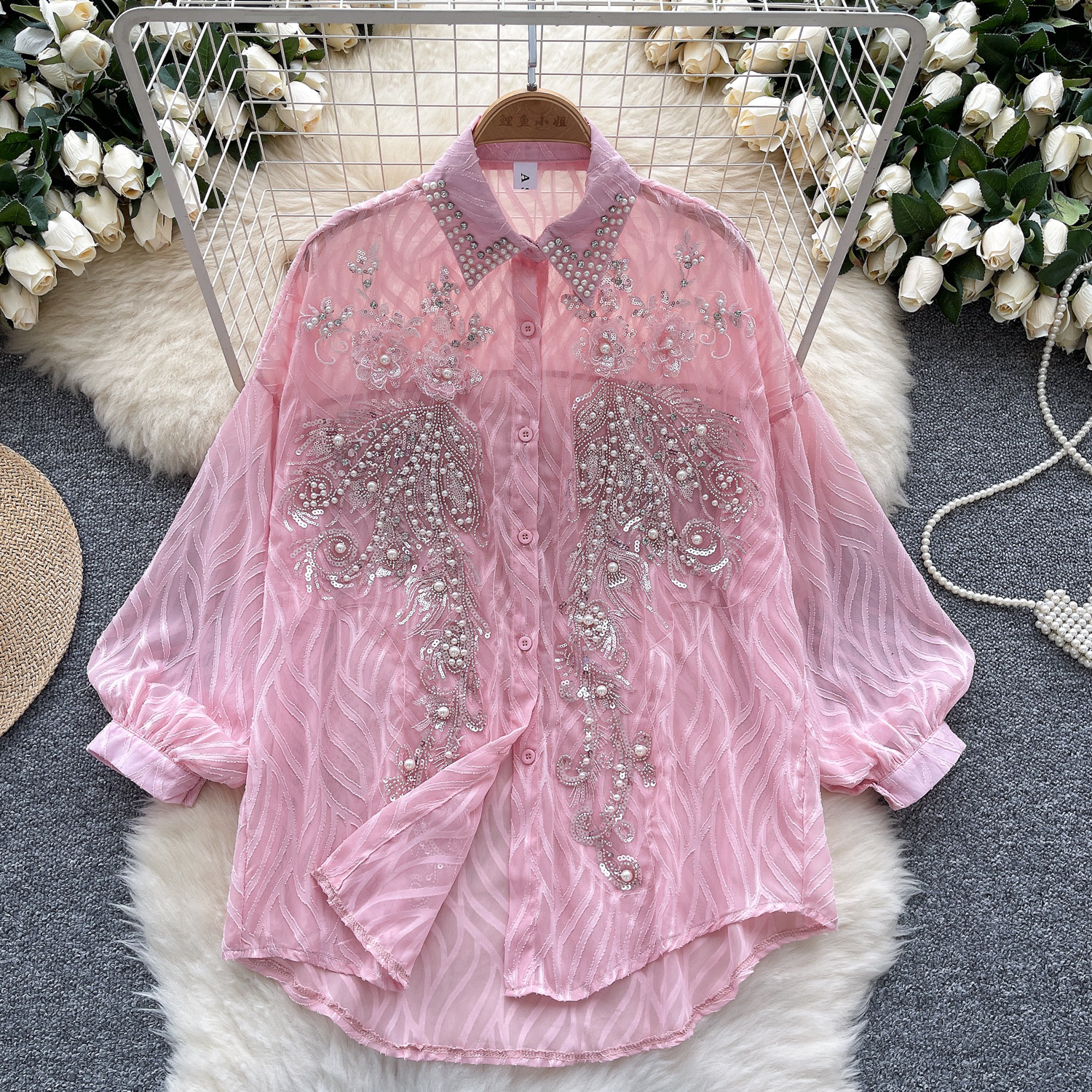 French versatile long sleeved shirt for socialite, high-end nail bead sequin thin lantern sleeve shirt, loose casual top