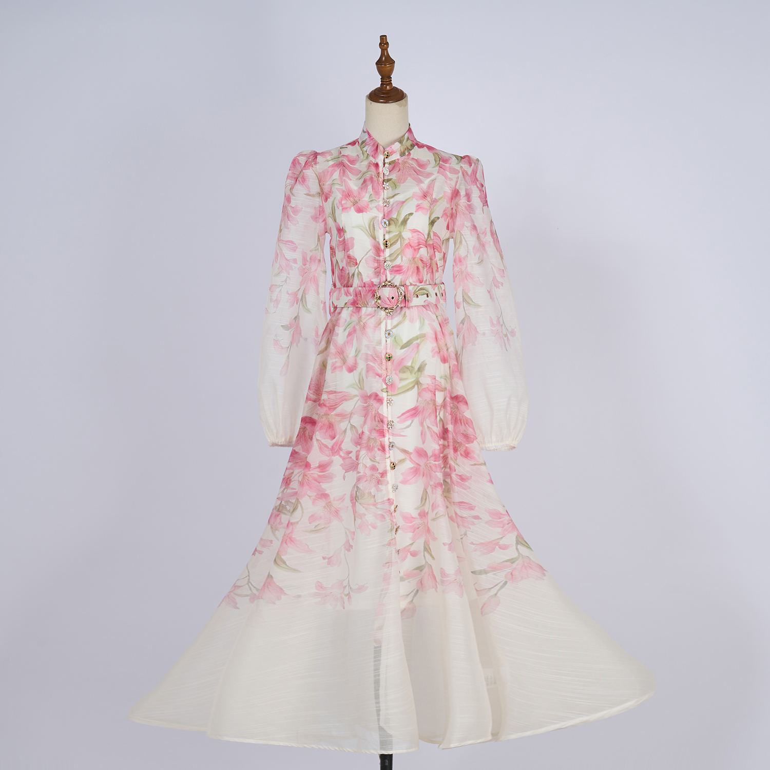 Real shooting spot of 2025 vacation style new Tencel hemp stand up collar patterned button design long dress with suspender