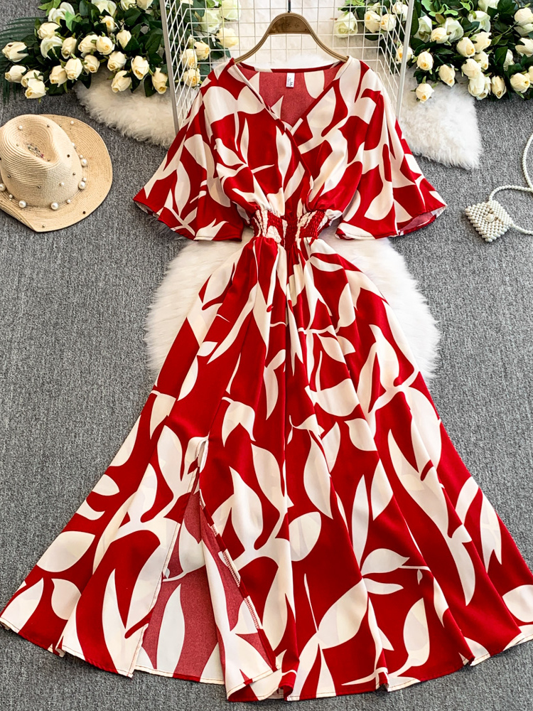2025 summer new V-neck flared sleeve dress with feminine print, elastic waist, cinched waist, slimming effect, long slit skirt