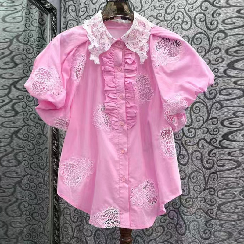 European hollowed out water-soluble flower fungus placket with bubble sleeves, sweet and stylish shirt, women's top