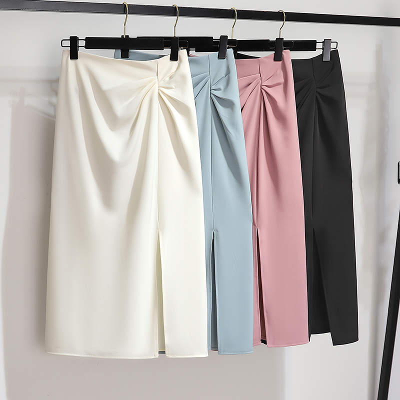 French ladylike temperament with pleated design, high waisted skirt for women in summer, gentle slit mid length skirt