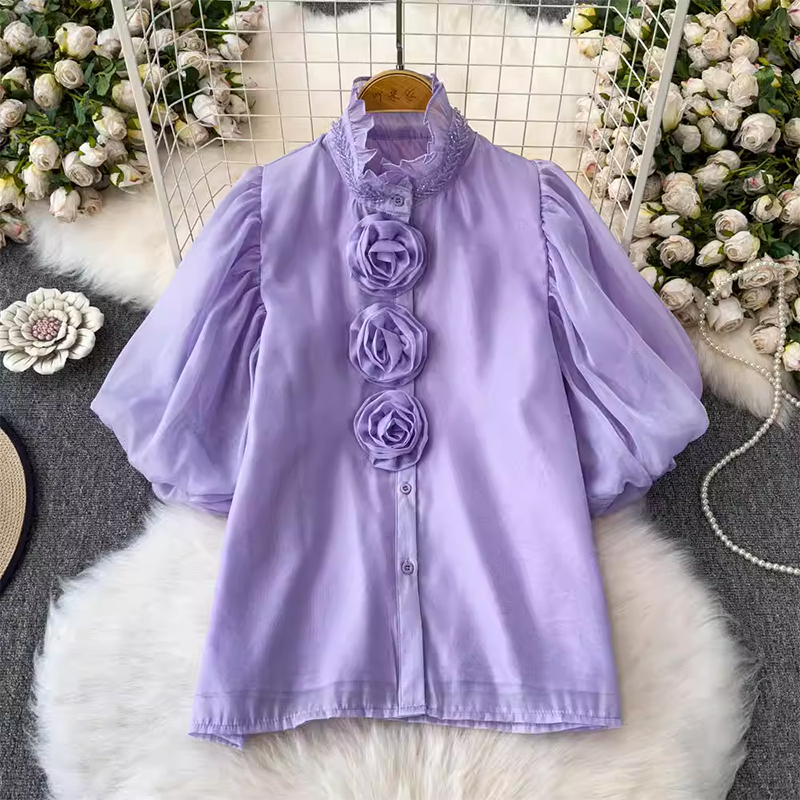 Design sense: Heavy industry diamond inlaid three-dimensional flower stand up collar shirt for women, 2025 summer new style, anti-aging shirt, bubble sleeve top