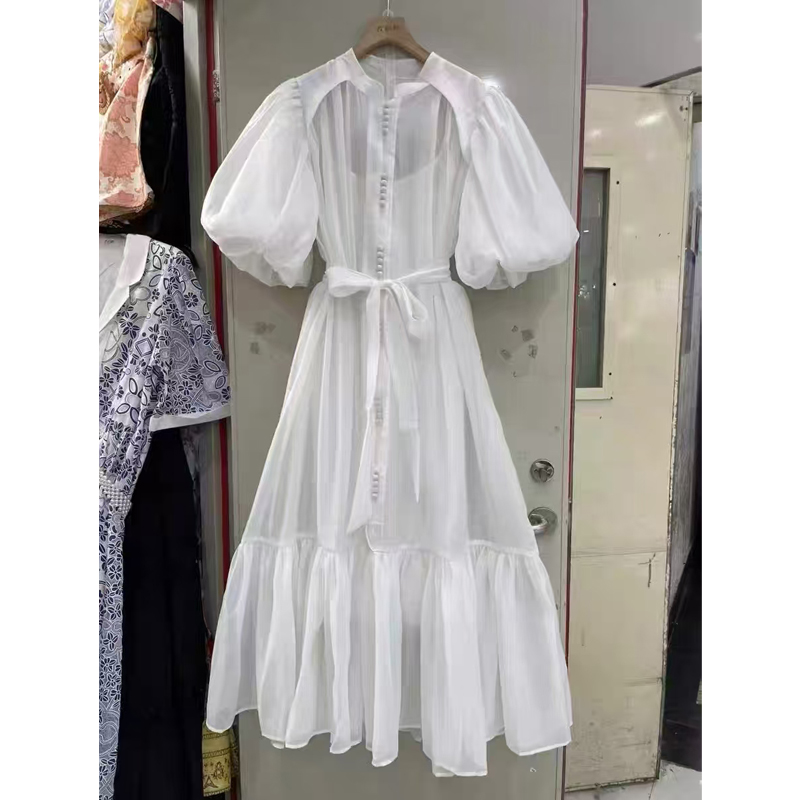 European and American style fashionable lantern sleeve tied waist single breasted dress+layered inner suspender long skirt set