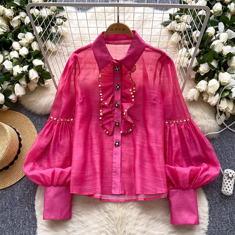 Palace style top, women's French versatile and chic thin shirt, heavy industry sequins, black fungus edge lantern sleeve cardigan shirt