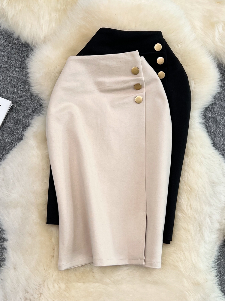 Solid color pleated front slit skirt, one step skirt, 2025 summer fashion casual mid length OL professional hip hugging skirt