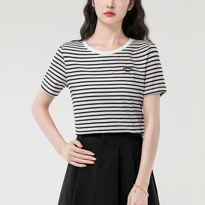Maritime striped T-shirt women's short sleeved 2025 new summer fashion embroidered shoulder T-shirt top