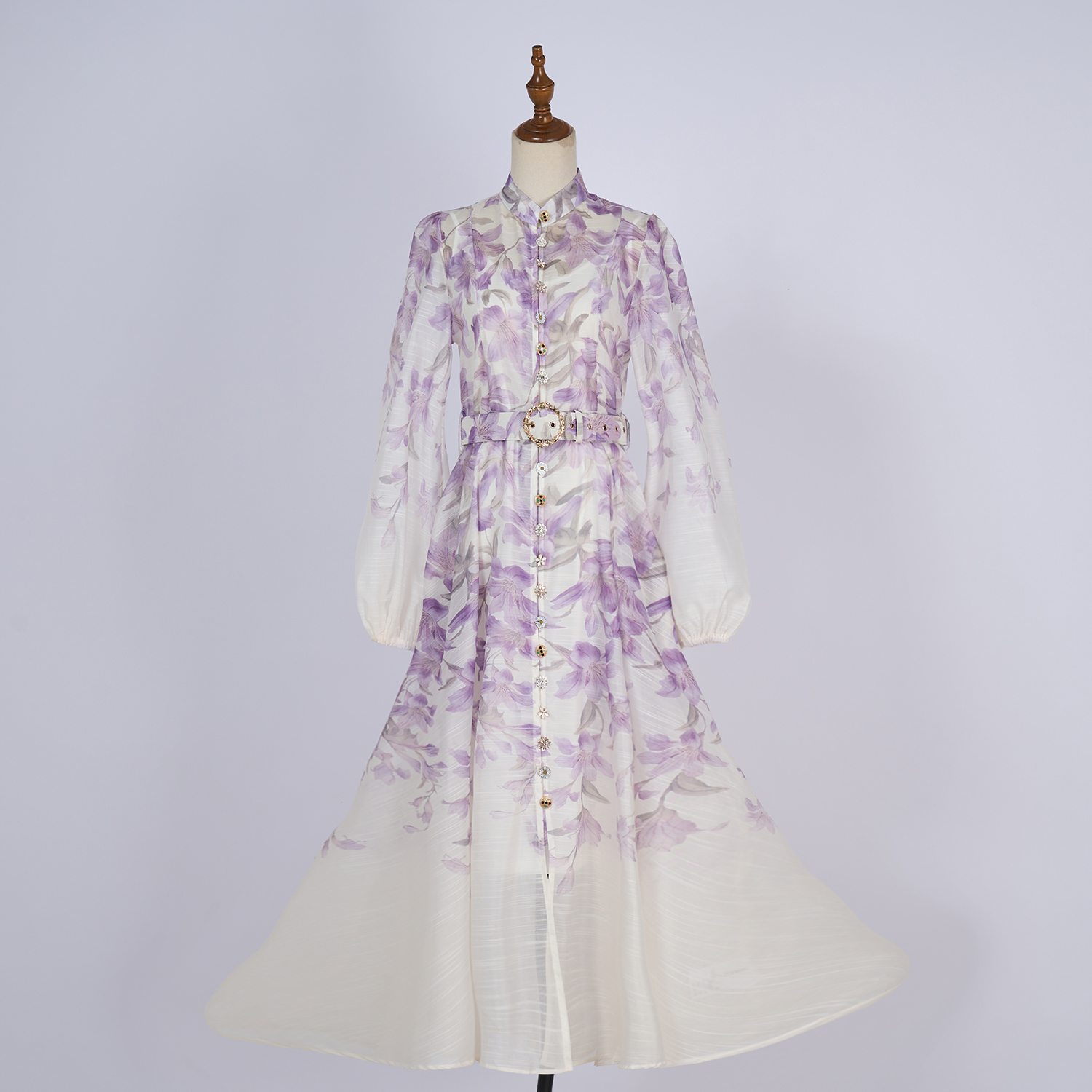 Real shooting spot of 2025 vacation style new Tencel hemp stand up collar patterned button design long dress with suspender