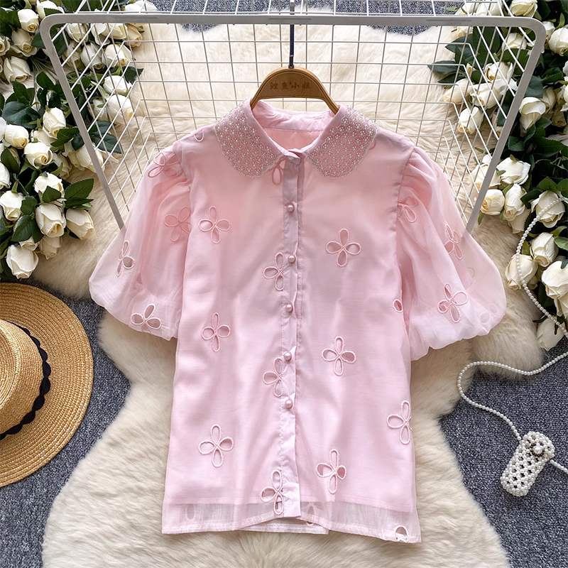 French Sweet Nail Bead Doll Collar Bubble Sleeves Hollow Embroidered Shirt Women's Summer Stylish Versatile Gentle Style Top