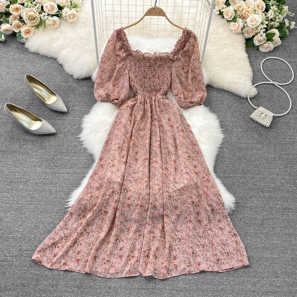 New Summer 2025 First Love Skirt Square Collar Floral Chiffon Skirt Tea Xiesen Series Kikyo Skirt A-line Dress
