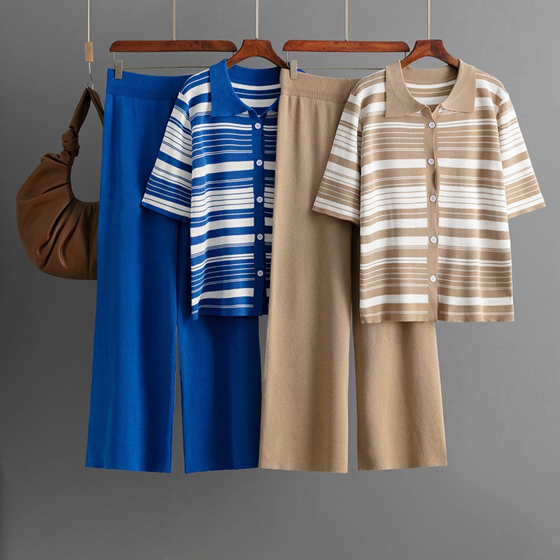 Striped slimming knitted two-piece set for summer 2025, new loose short sleeved top, sweater fashion casual set