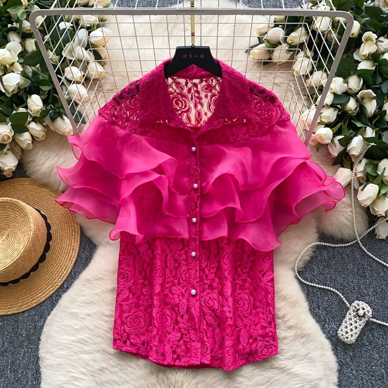 European style fashionable shirt for women in summer 2025, versatile design sense, three-dimensional ruffle edge splicing, thin lace top