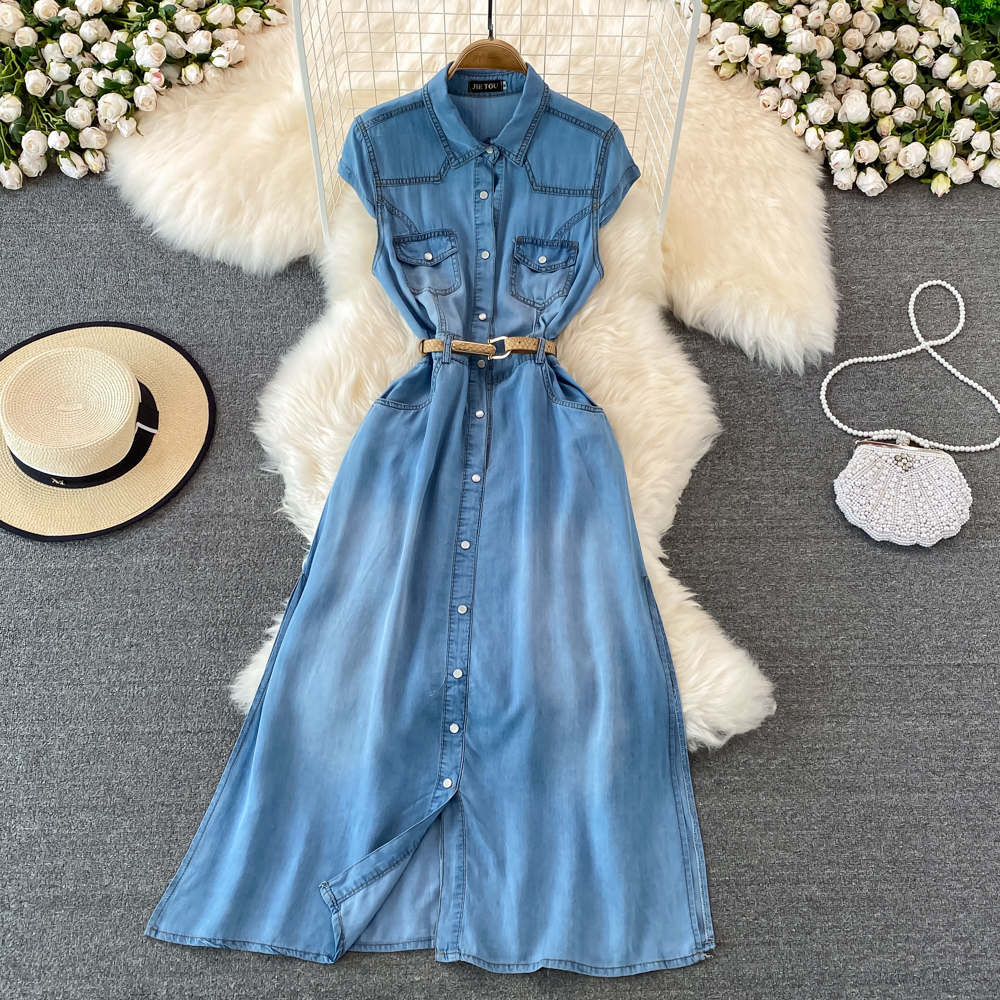 Light mature style sleeveless denim dress for women's summer new style French retro waist cinching slimming A-line shirt long skirt