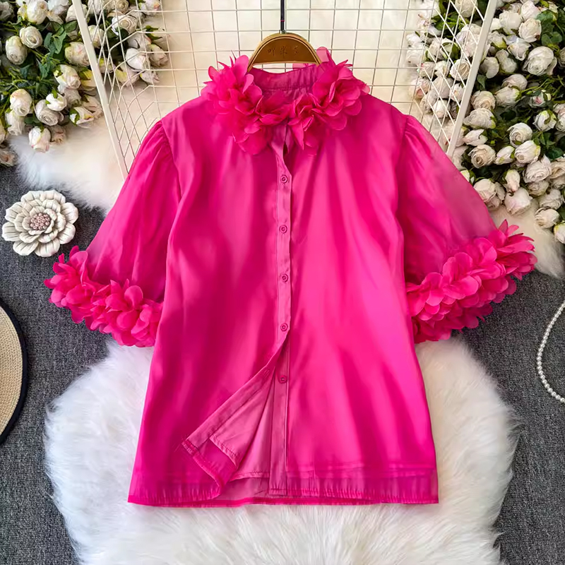 French style shirt with a niche design, three-dimensional petal short sleeved stand up collar, age reducing versatile loose solid color chiffon shirt top