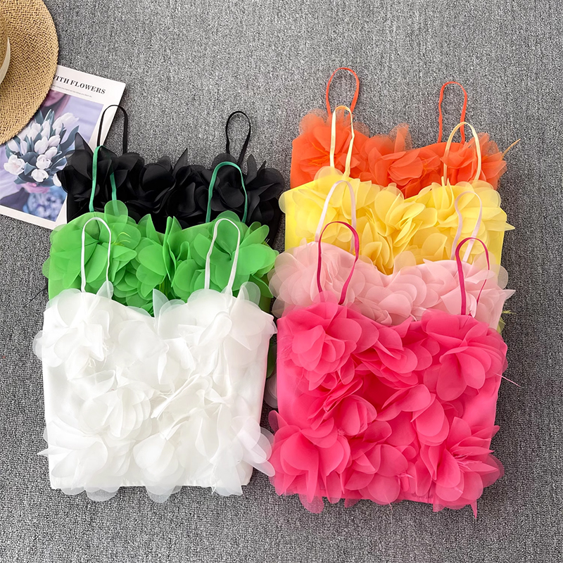 Summer vacation hot girl camisole, women's pure desire, atmosphere, three-dimensional flower slimming, versatile sleeveless French top