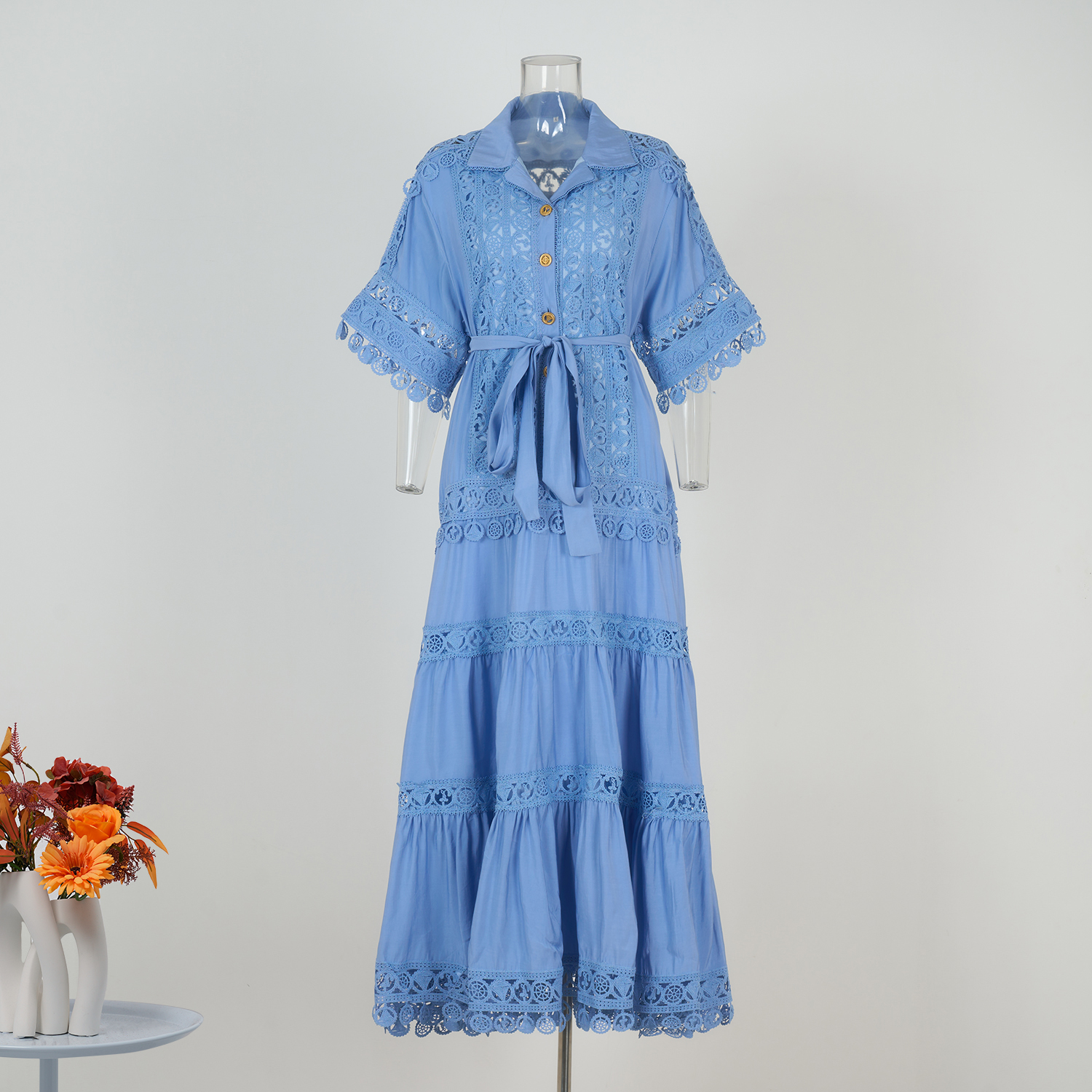 Real time spot casual loose shirt skirt, spring women's short sleeved collar, lace hollow embroidery dress, lace up tie