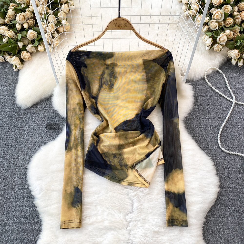 French socialite one shoulder exposed collarbone T-shirt for women's fashion tie dye print irregular slim fit short mesh top