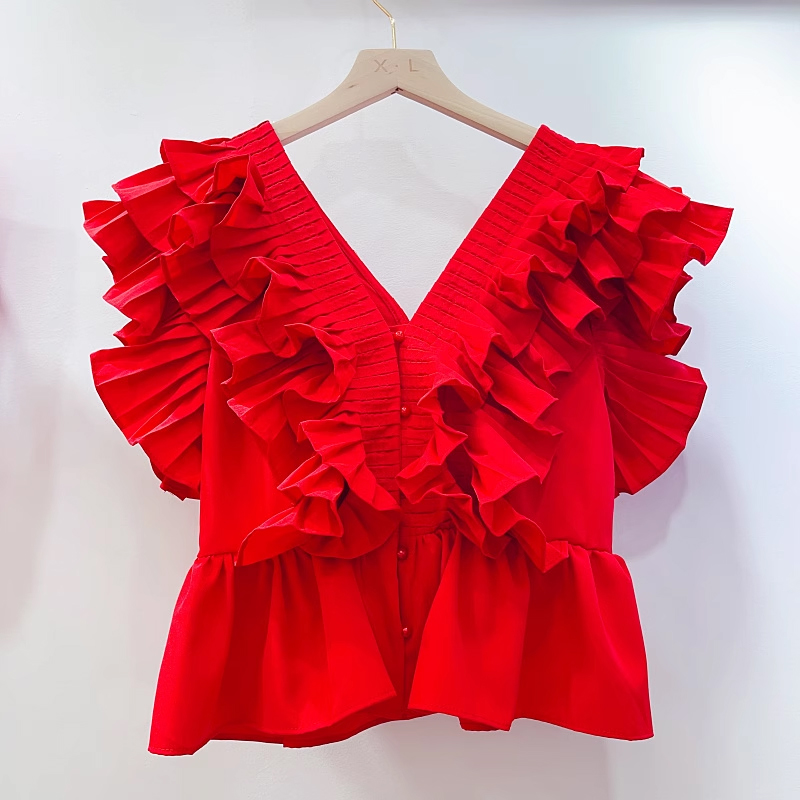 Vietnamese niche level lotus leaf edge fungus solid color casual cute top countryside