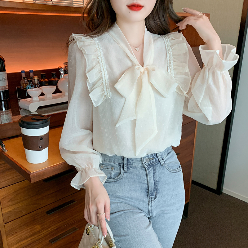 Butterfly knot long sleeved chiffon shirt for women 2024 new style, age reducing, chic, beautiful, small shirt, temperament top
