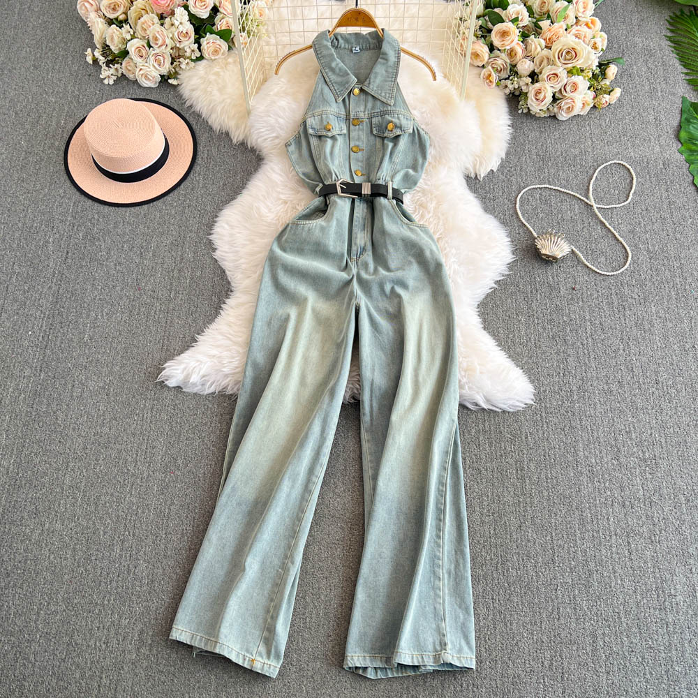 2024 Summer New Fashionable Retro Solid Color Cowboy jumpsuit, Simple and Versatile, Explosive Street Aging and Wide Leg Pants