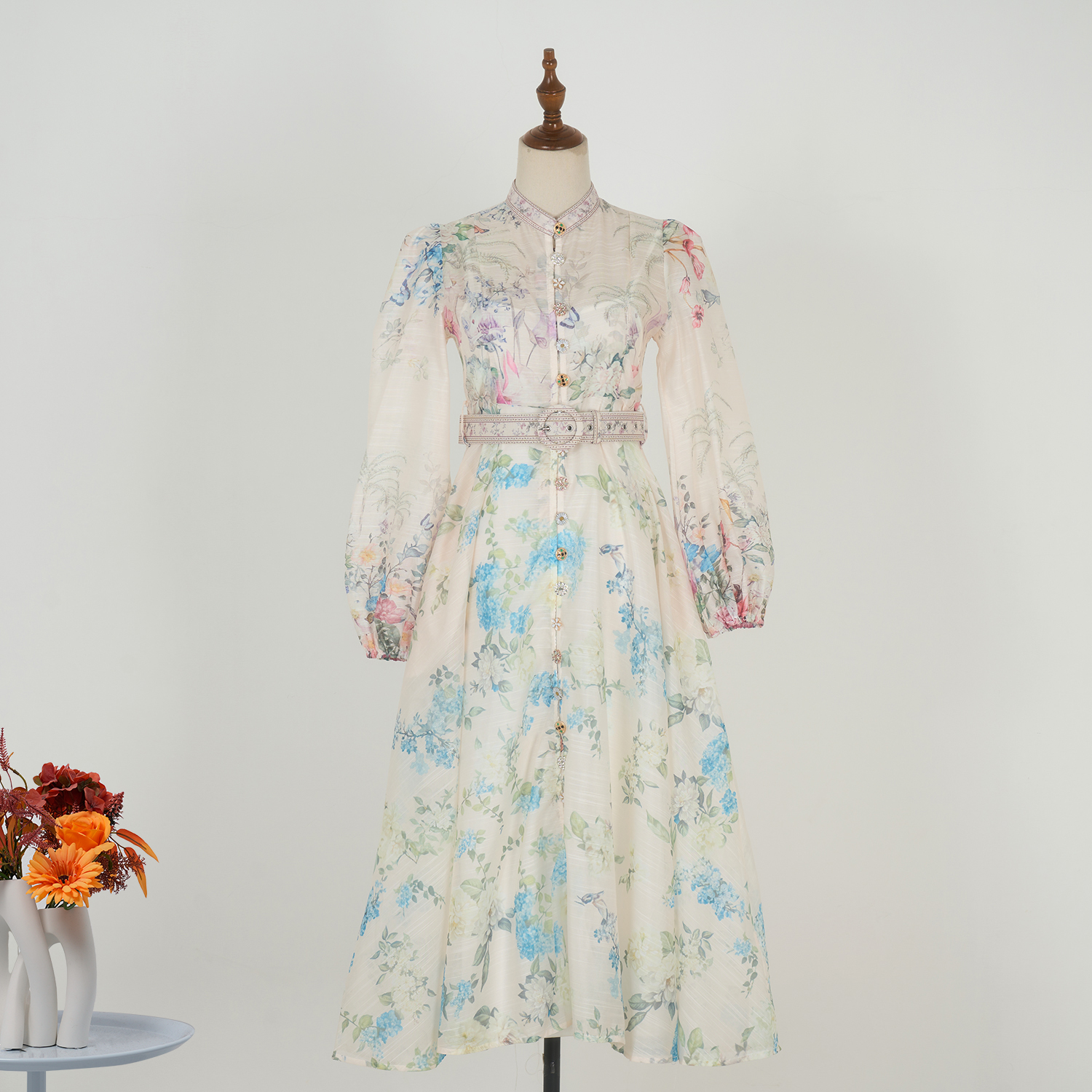 Real shot elegant temperament stand collar buckle lantern sleeve belt printed dress in stock