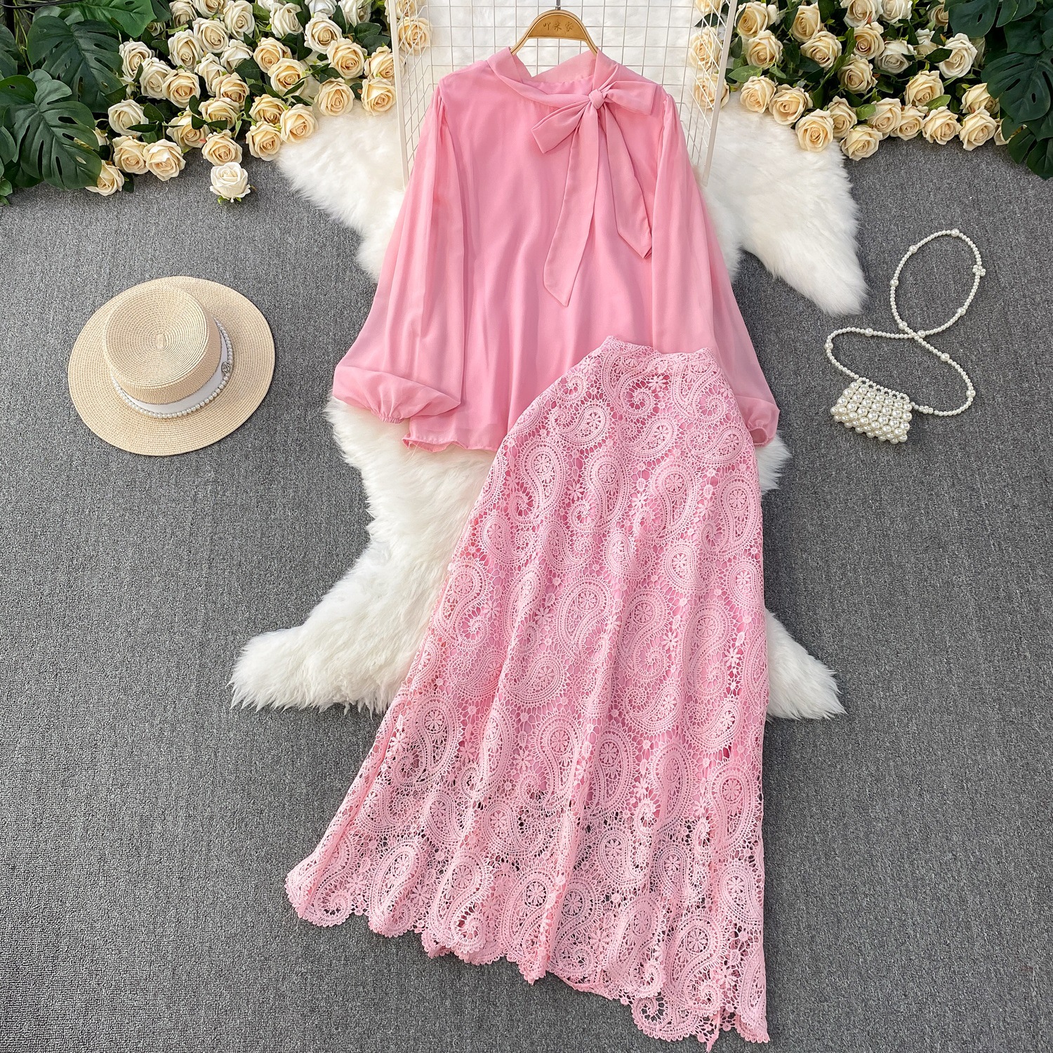 Light mature style tie bow round neck lantern sleeve shirt top set high waist slimming lace patchwork skirt