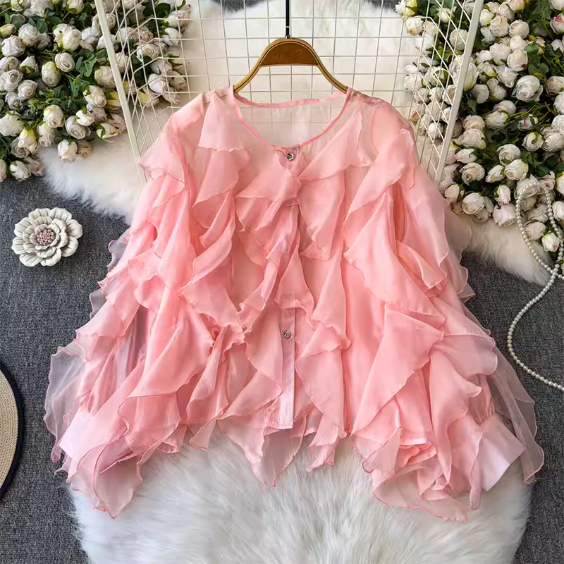 Super fairy lightweight and slightly transparent lotus leaf edge design, loose and slimming atmosphere, sun protection shirt, women's Korean version chiffon shirt