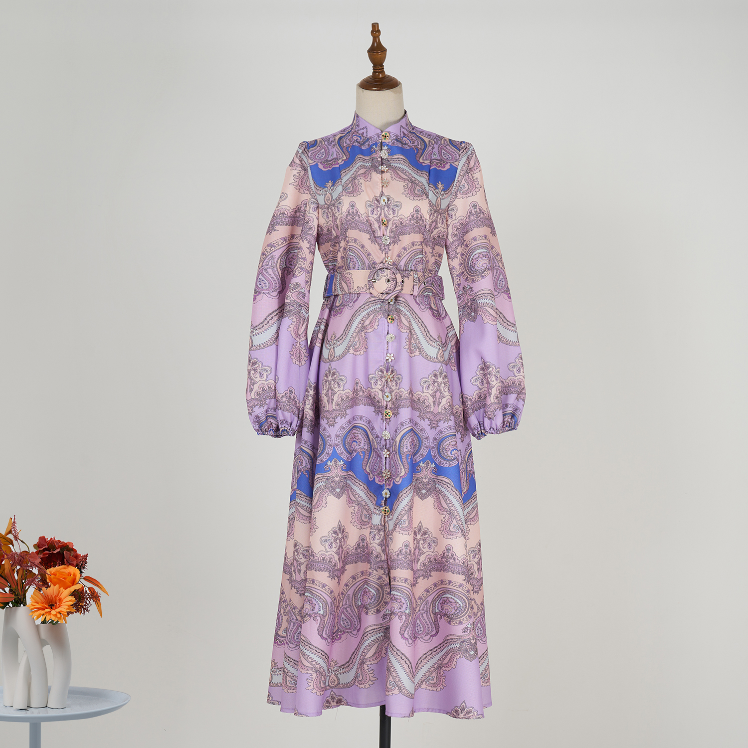Real time stock of 2025 spring/summer purple retro printed stand up collar lace long sleeved high waisted jumpsuit long skirt