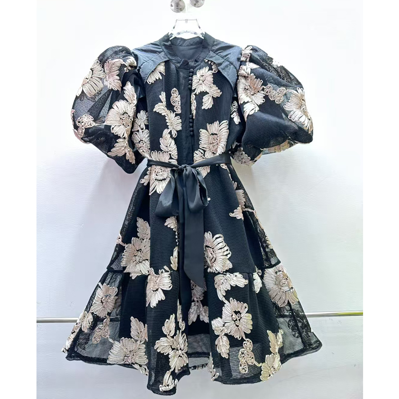 European style summer new bubble sleeve three-dimensional flower round neck single breasted loose short skirt dress with belt for women