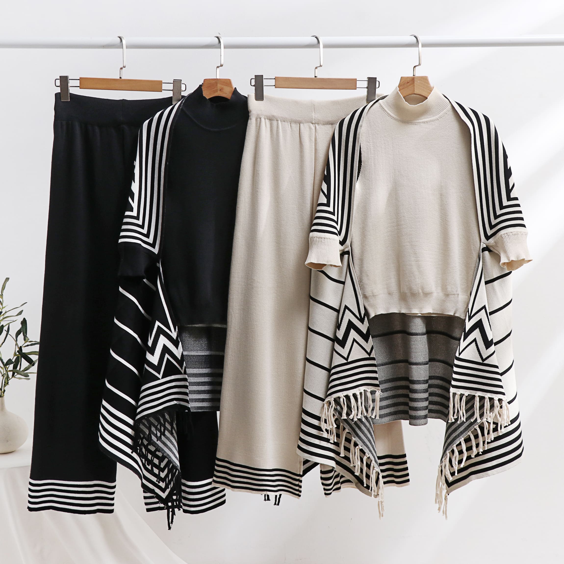 European and American shawl knitted three piece set with tassel geometric splicing autumn and winter new style foreign trade design ethnic style set