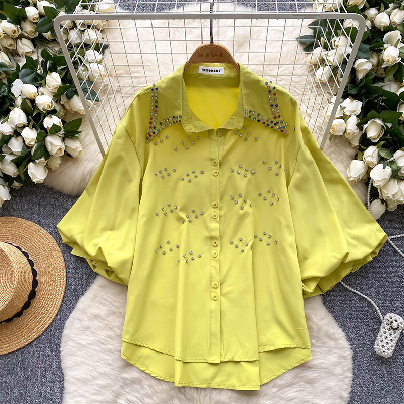 Palace style heavy industry diamond inlaid lantern sleeves single breasted shirt for women in summer 2025, loose and versatile casual European and American top