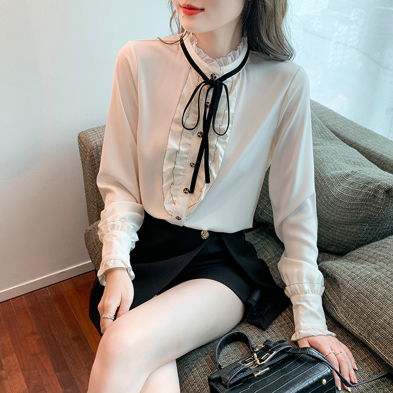 New Korean style slim standing collar with wooden ear stitching and lace up long sleeved chiffon shirt for women in spring
