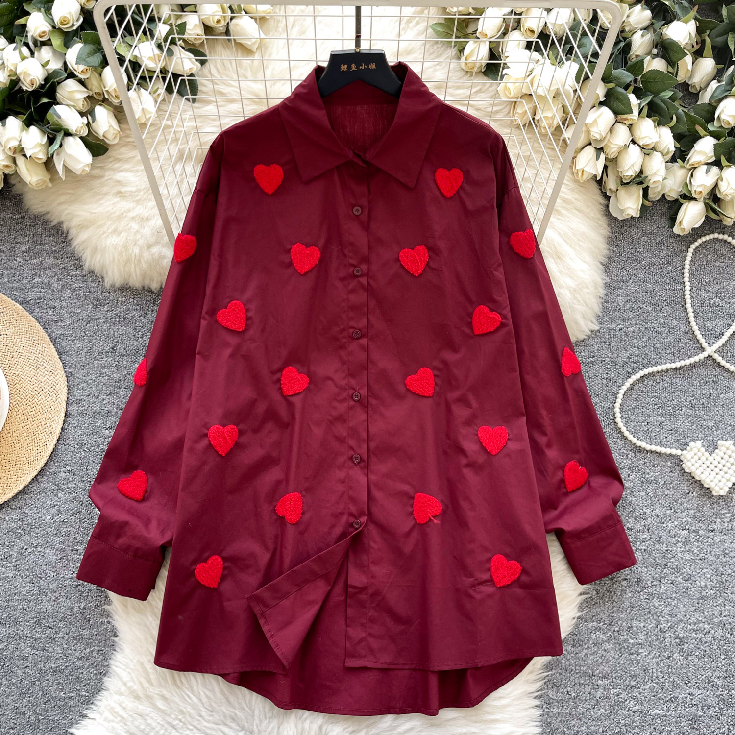 Love Embroidered Long Sleeve Shirt for Women 2025 Spring New French Style Loose and Versatile, Age Reducing and Slimming Shirt for Women