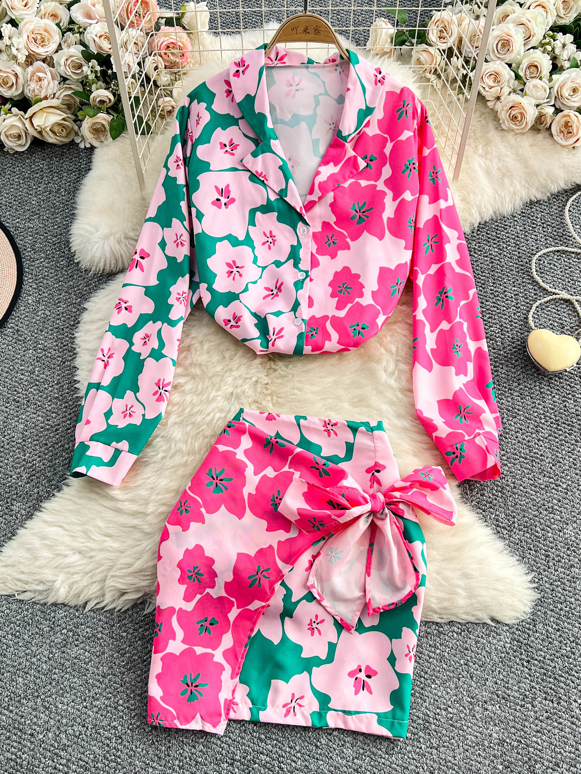 2025 new floral shirt popular this year, vacation sunscreen long sleeved top set with straps, high waisted short skirt