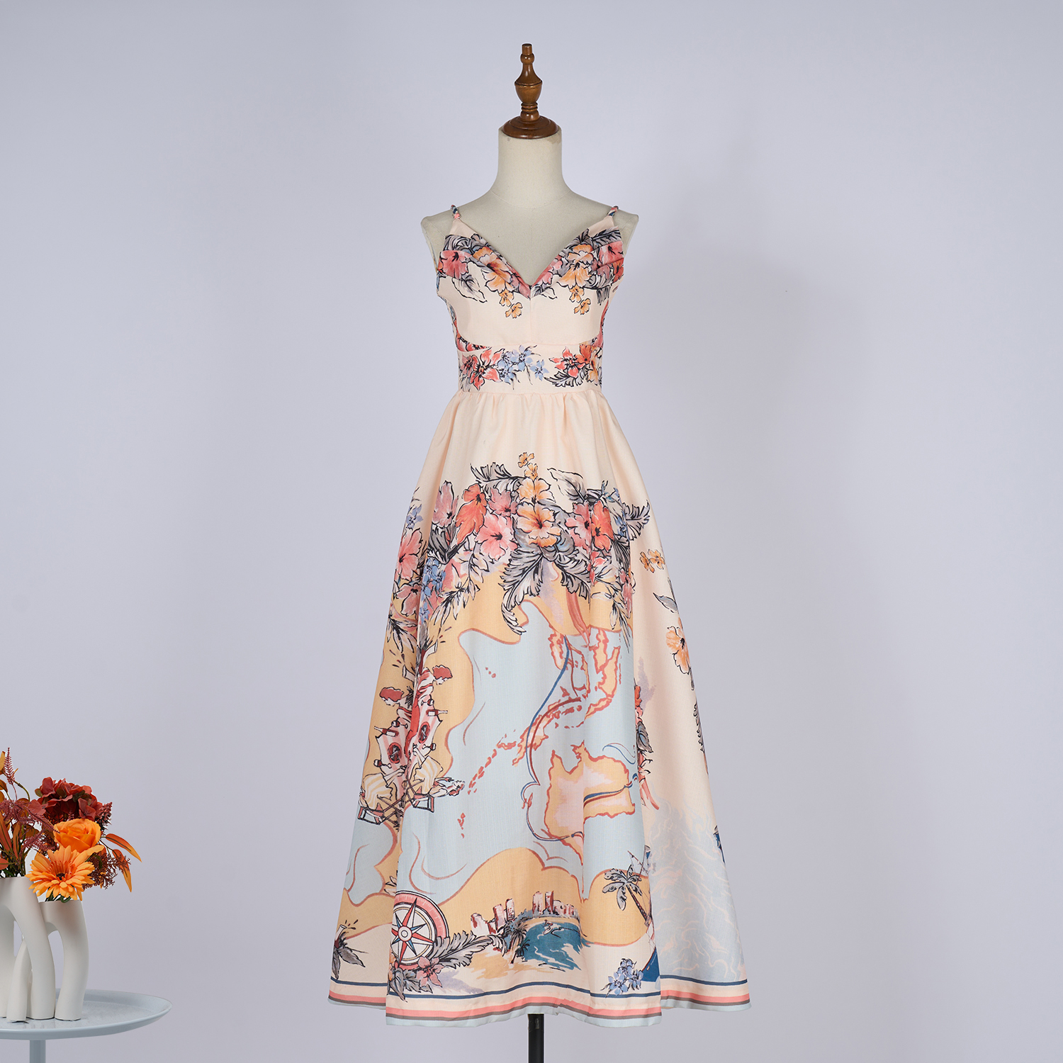 Real time spot light luxury high fixed spring and summer vacation new style printed romantic high waist slim suspender mid length dress