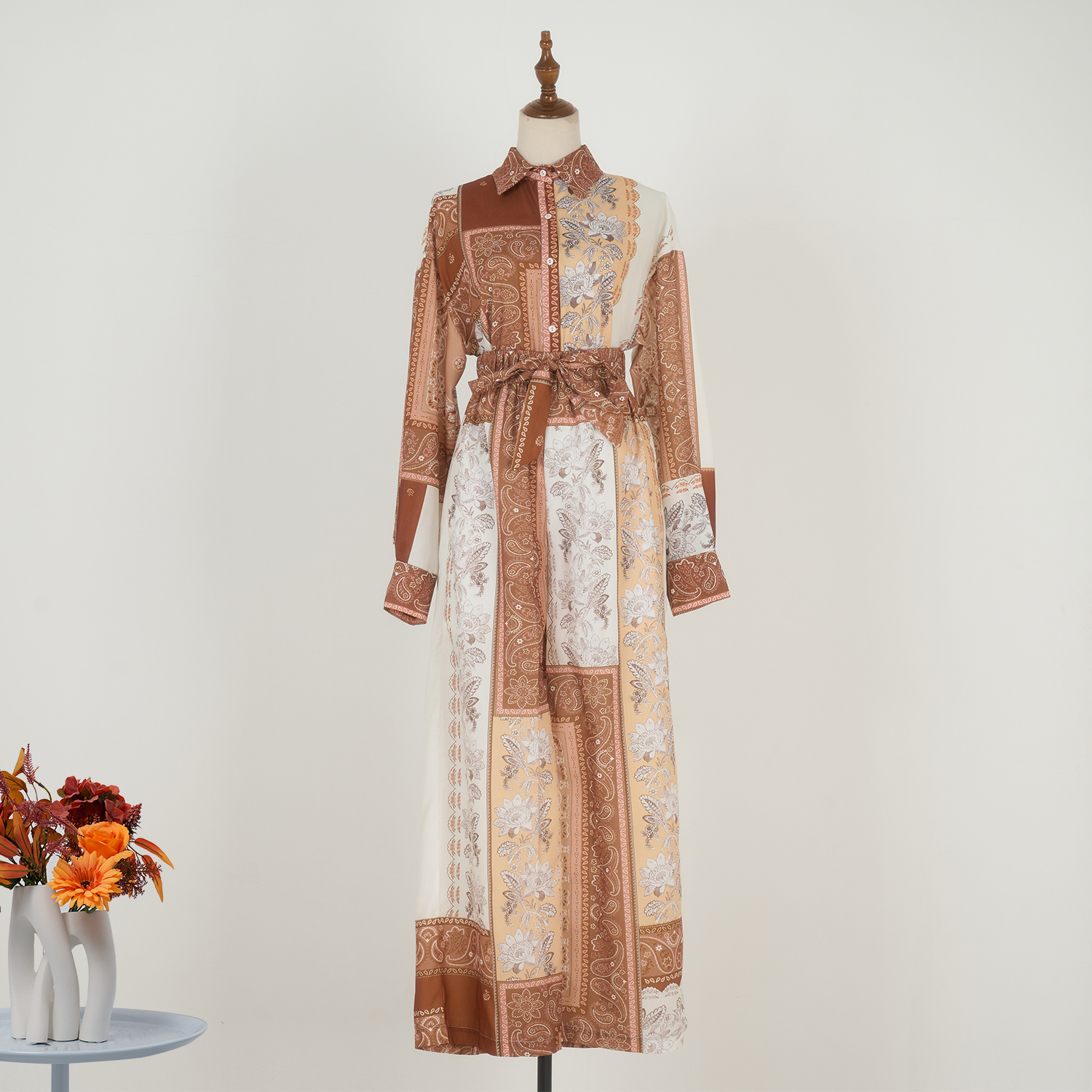 Real shot spot design, fashionable retro ethnic style, slimming loose printed shirt, wide leg high waist pants set