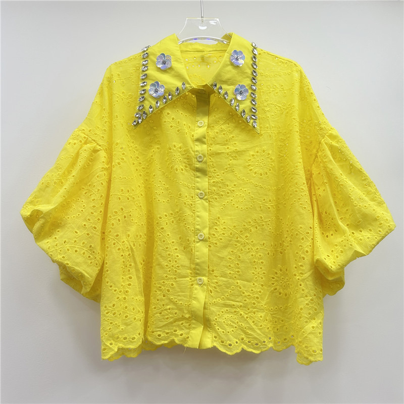 Design sense: niche diamond studded sequin hollow out shirt for women, spring 2025 new high waisted shirt, versatile top with temperament