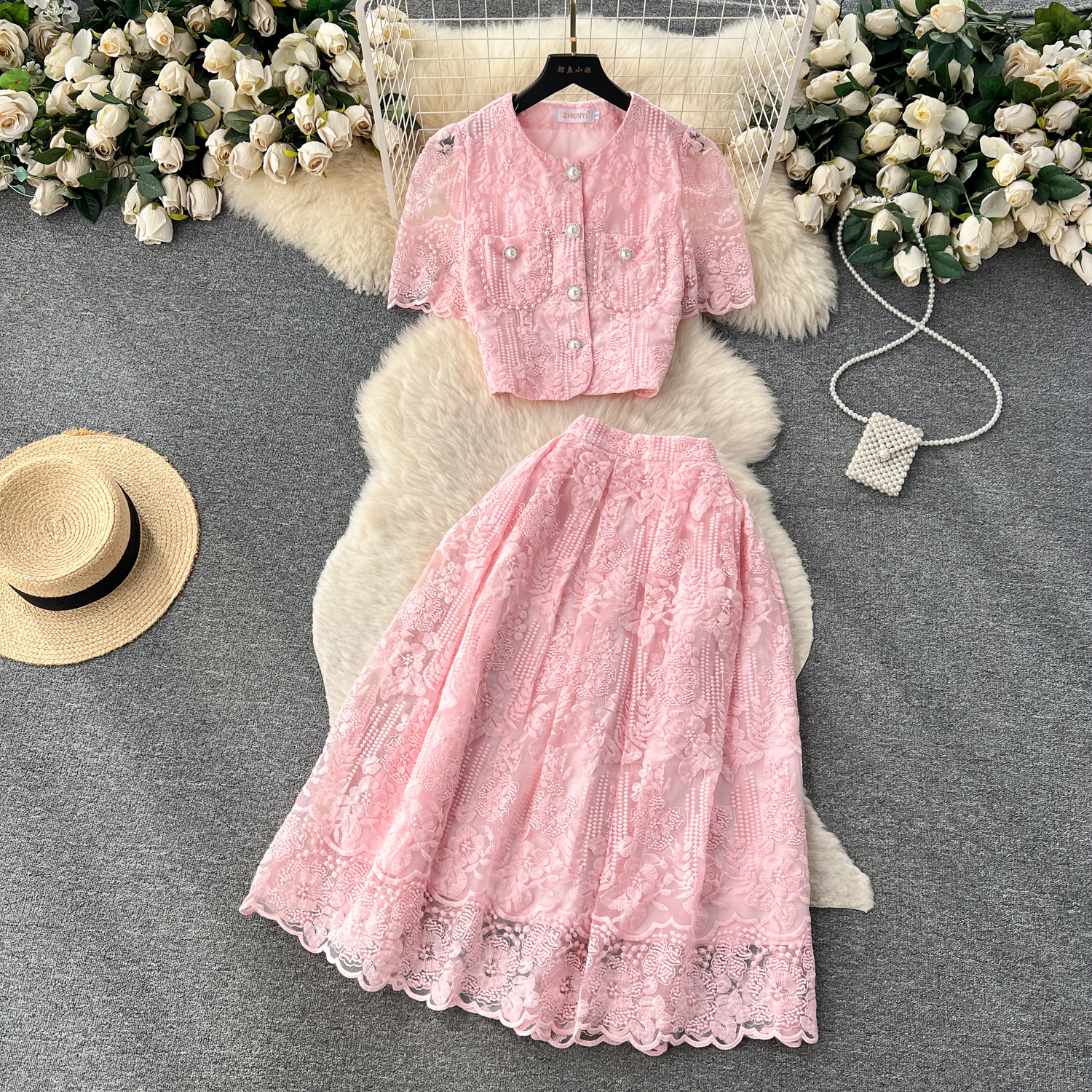 Ladies' French Lace Hook Flower Bubble Sleeve Shirt Two Piece Set with High Waist and Slimming Half Body Skirt