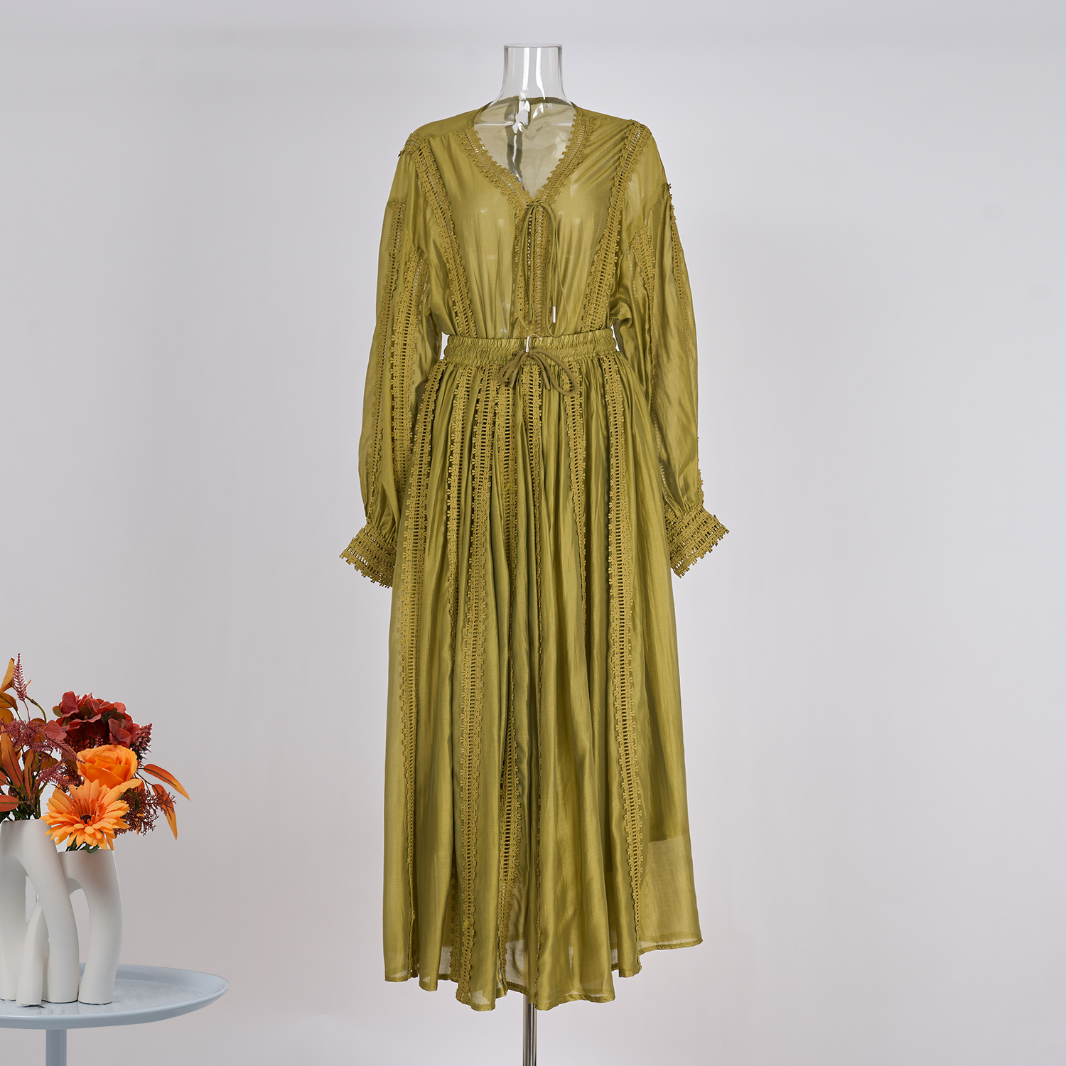 Real shot spot shirt drawstring design lantern sleeves paired with half skirt elegant women's suit 25 summer 6 color new item