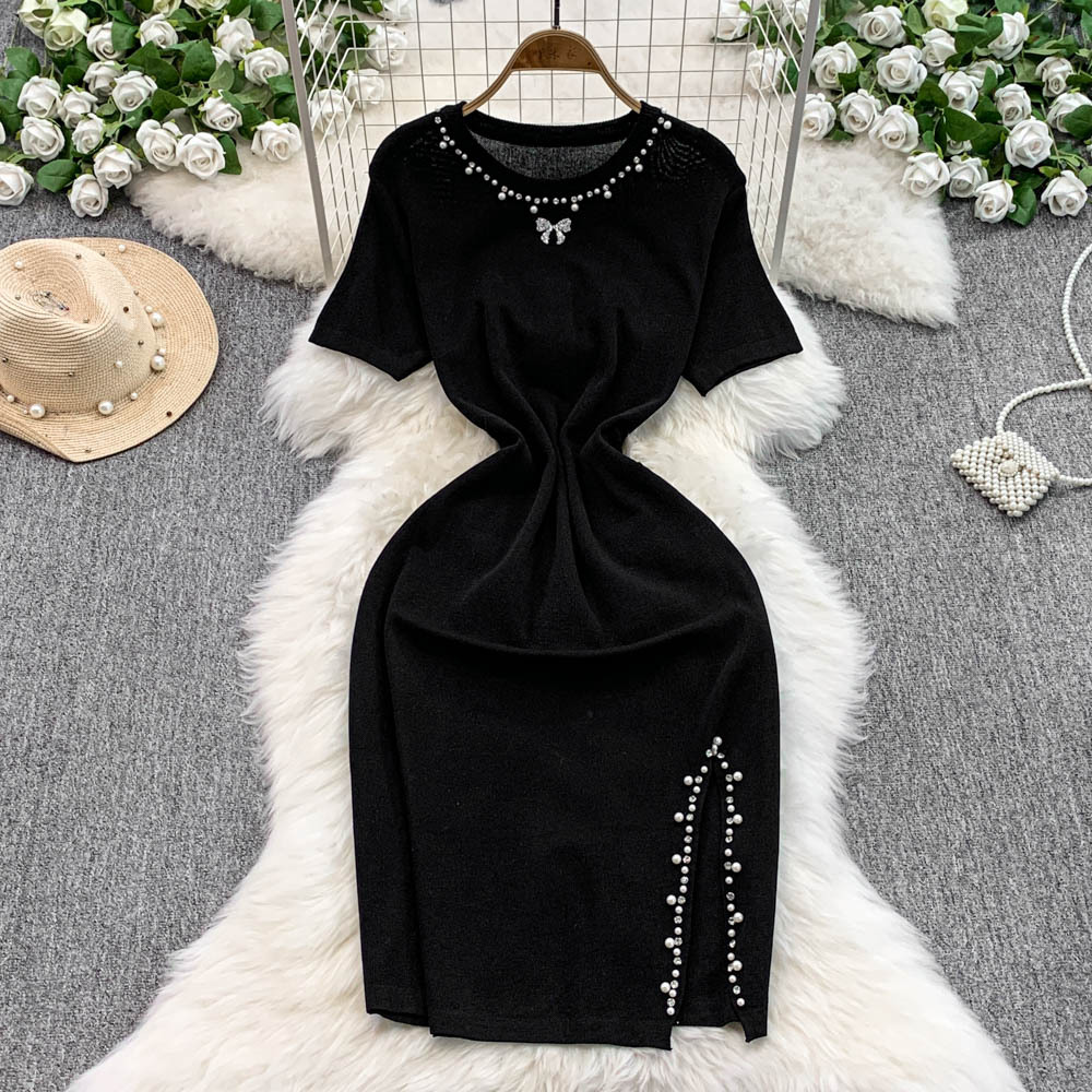 Nail bead round neck short sleeved dress with feminine temperament, light luxury waist cinched mid length skirt, 2025 summer new small women's clothing