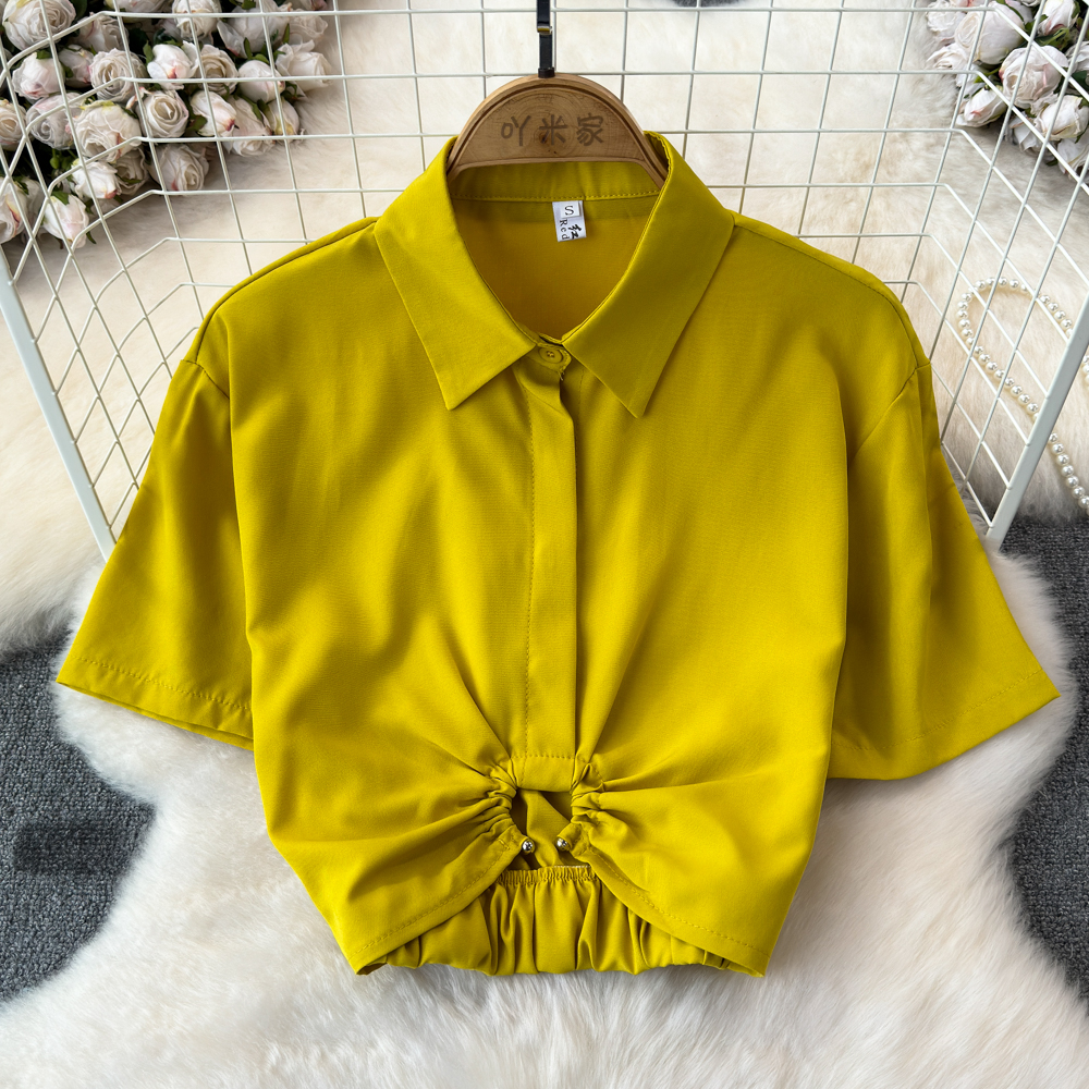 Korean chic summer French niche design top with collar, high waist, twisted knot, slimming effect, exposed navel short shirt for women