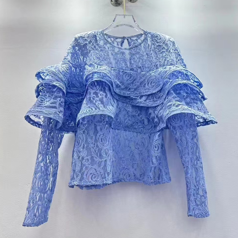 European high-end 2025 spring new style ruffled long sleeved round neck lace top with black fungus edge splicing for women