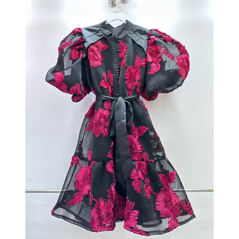 European style summer new bubble sleeve three-dimensional flower round neck single breasted loose short skirt dress with belt for women