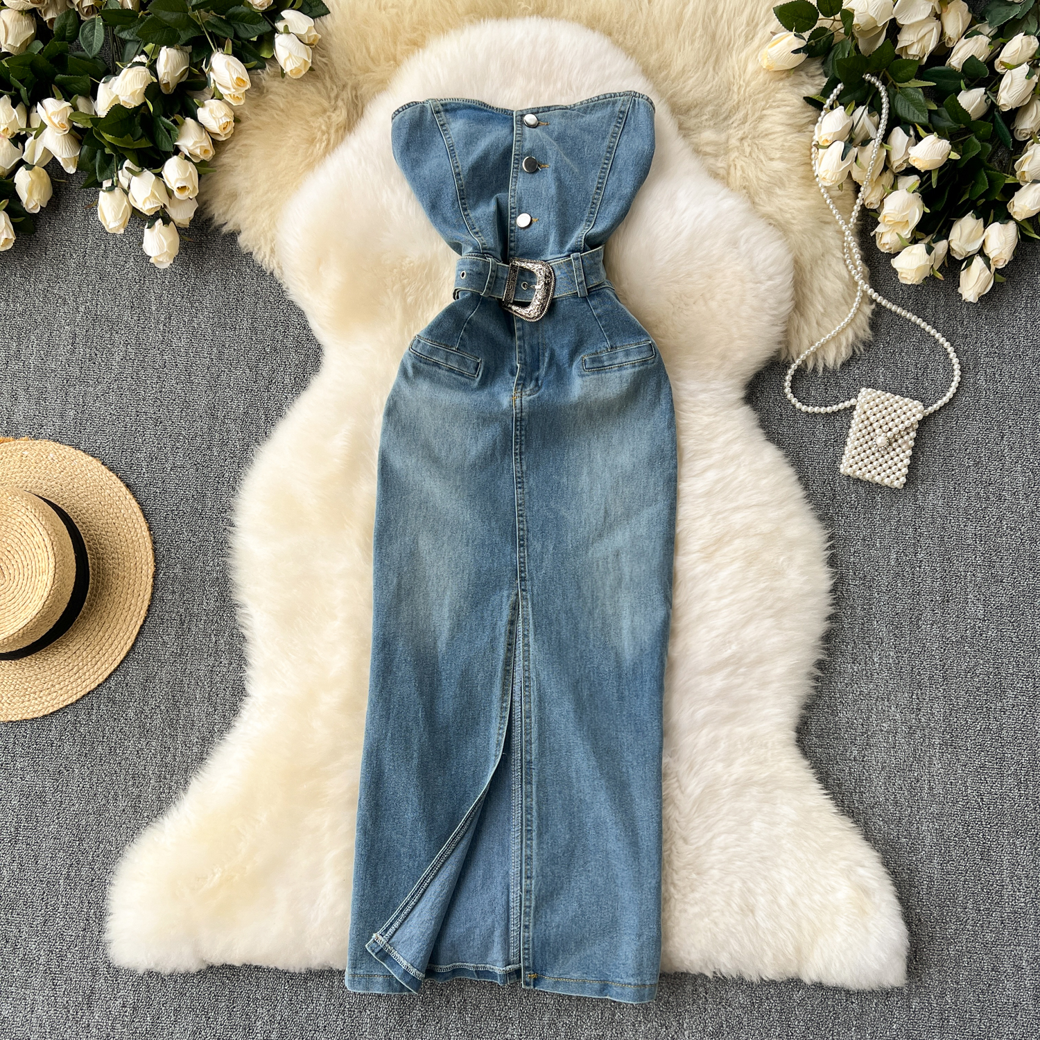 Sleeveless strapless dress for women in summer 2024, new American style pure desire spicy girl with waist bag and hip slit denim long skirt